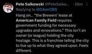 "Hang on… “the Brewers' lease at American Family Field requires government funding for necessary upgrades and renovations.” This isn’t an owner (or league) holding the city hostage. This is a franchise telling the city to live up to what they agreed upon. Feels different." - @PeteSalkowski